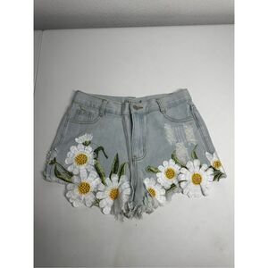 36Point5 Embroidery Denim Shorts Hippie High Waist Floral Bottoms Size L Y2K